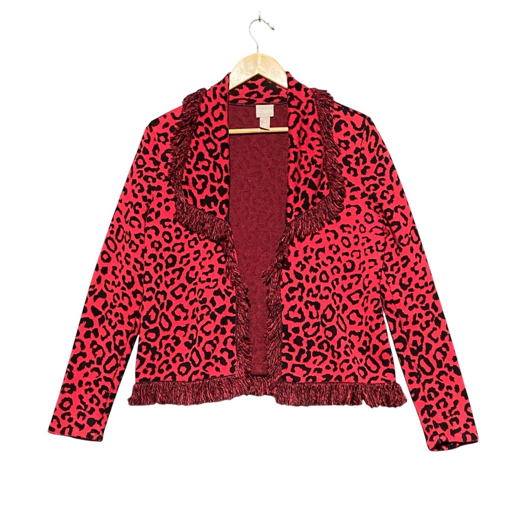 Chicos Red Black Leopard Print Fringe Trim Open Front Cotton Cardigan Size 1 M